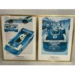 Two Vintage PORCHE Poster prints one featuring Mark Donohue