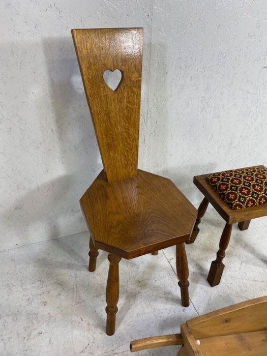 Three small wooden items to include small carved chair, stool with upholstered seat and a decorative - Image 2 of 7