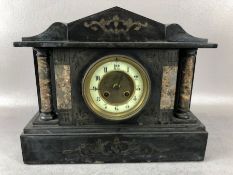 Black slate and rouge marble mantel clock with Japy Freres movement, the 10cm dial within a