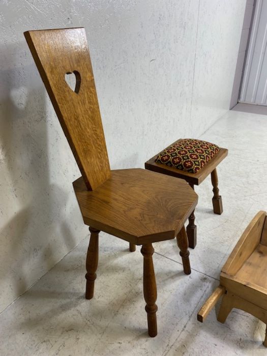 Three small wooden items to include small carved chair, stool with upholstered seat and a decorative - Image 3 of 7