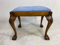 Heavily carved stool on ball and claw feet with pop out seat pad approx 59cm x 45cm x 50cm