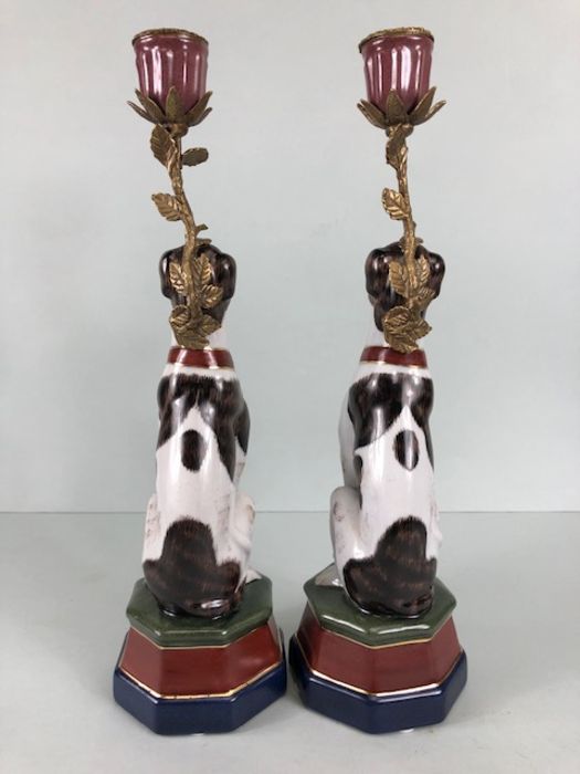 Dog candlesticks, 2 continental style china dog candlesticks with metal mounts , marks to base - Image 4 of 6