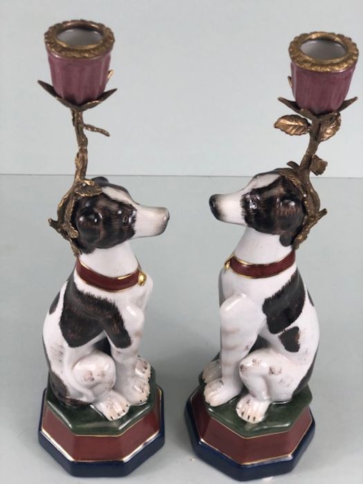 Dog candlesticks, 2 continental style china dog candlesticks with metal mounts , marks to base - Image 6 of 6