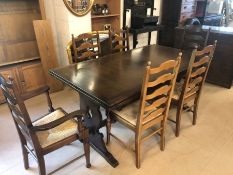 Two drawer leaf dining table with four ladder back dining chairs and two carvers, Table top approx