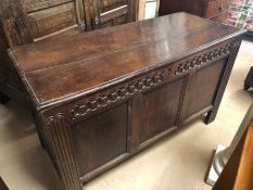 Antique coffer/ Blanket chest, large wooden blanket box with decoration to front, candle box inside,