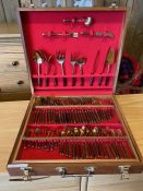 Canteen of cutlery with Rosewood handles and gold plated flatware in large presentation wooden case