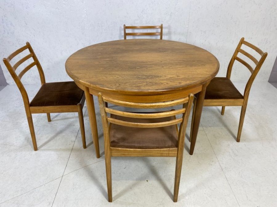 G Plan, Mid Century G Plan round extending dinning Table and 4 matching Chairs with original brown