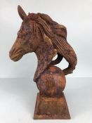 Horses head statue ,Cast Metal sculptural head of a horse on square base, approximately 46cm high