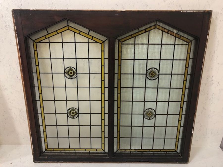 Two panel church window, frosted, with floral emblems, Saxon style, approx 111cm x 102cm