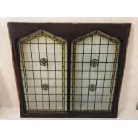 Two panel church window, frosted, with floral emblems, Saxon style, approx 111cm x 102cm