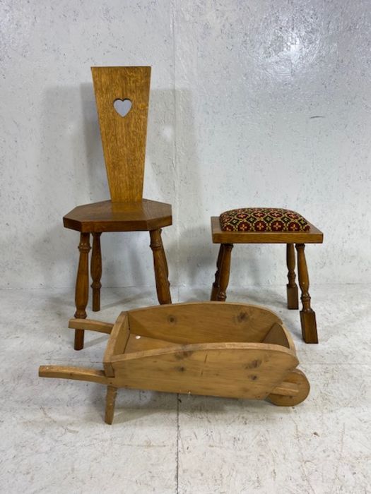 Three small wooden items to include small carved chair, stool with upholstered seat and a decorative
