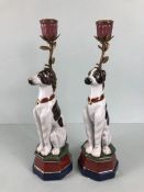 Dog candlesticks, 2 continental style china dog candlesticks with metal mounts , marks to base