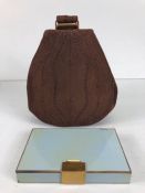 Original VINTAGE 1940'S "CORDE" BROWN CORDED HANDBAG and a Vintage blue Art Deco compact