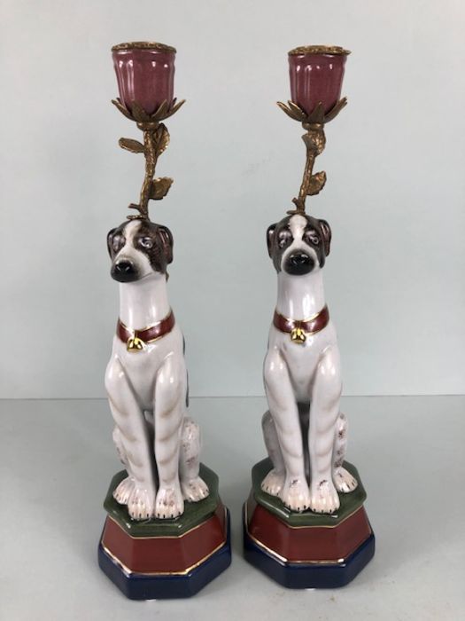 Dog candlesticks, 2 continental style china dog candlesticks with metal mounts , marks to base - Image 2 of 6