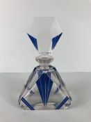 Art Deco glass scent bottle with large glass stopper and blue starburst ray design approx 17cm tall