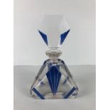 Art Deco glass scent bottle with large glass stopper and blue starburst ray design approx 17cm tall
