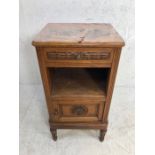 Antique pot cupboard, continental light oak pot cupboard with carved decoration to door and draw,