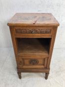 Antique pot cupboard, continental light oak pot cupboard with carved decoration to door and draw,