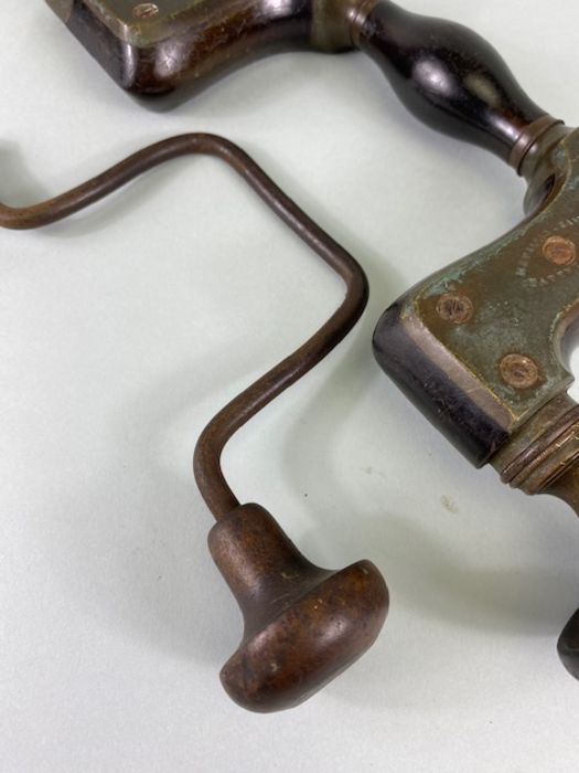 Vintage tools, Wood and brass Brace drill, Thomas Turner & Co Sheffield and a small steel brace - Image 3 of 9