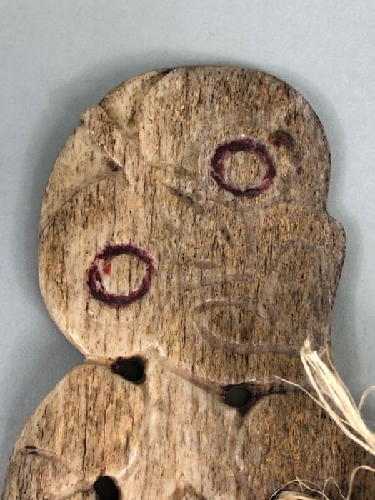 Tribal Art Interest, large Māori carved Whale bone Hei-tiki, of an early form, red inlaid eyes, - Image 3 of 18