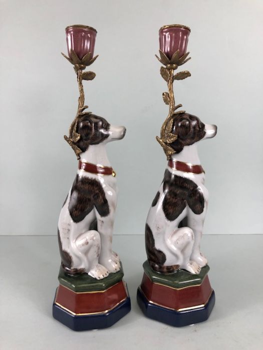 Dog candlesticks, 2 continental style china dog candlesticks with metal mounts , marks to base - Image 3 of 6