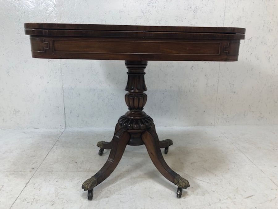 Regency D Shape 19th Century card table, the pivoting top enclosing a modern green baize, on a - Image 2 of 17