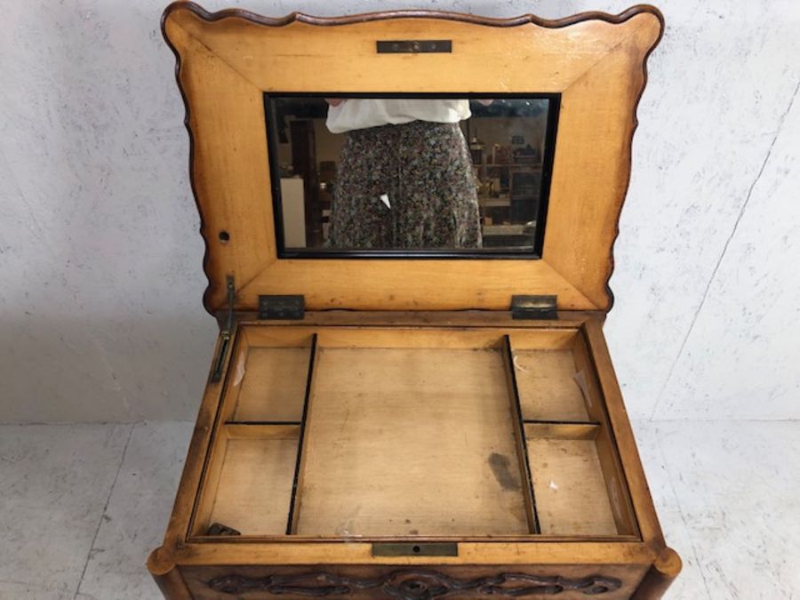 Antique work table, the hinged lid enclosing a fitted interior with mirror and lift-out tray above a - Image 8 of 12