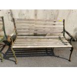 Wooden slatted garden bench with green metal bench ends, approx 126cm in length (A/F)