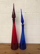 Glass Genie Bottles, 2 large Italian GENIE bottles one Red and one Blue, the larger approximately