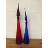 Glass Genie Bottles, 2 large Italian GENIE bottles one Red and one Blue, the larger approximately