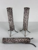 Chinese Silver, 3 Chinese Wang Hing Silver chop stick Click holders , tall form of open work