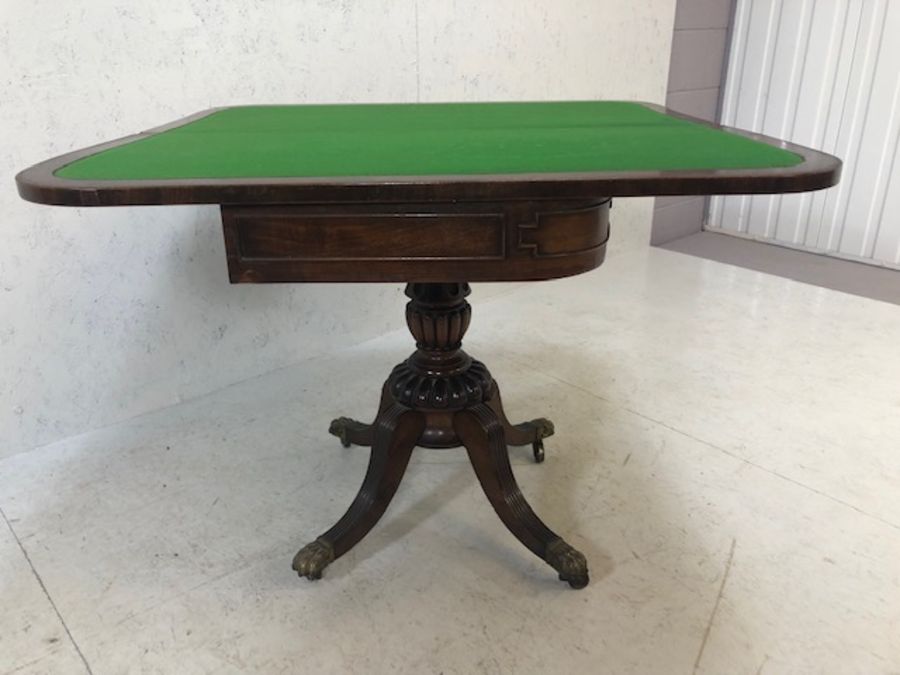 Regency D Shape 19th Century card table, the pivoting top enclosing a modern green baize, on a - Image 17 of 17