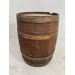 Vintage wooden barrel table with brass banding, approx 54cm in height