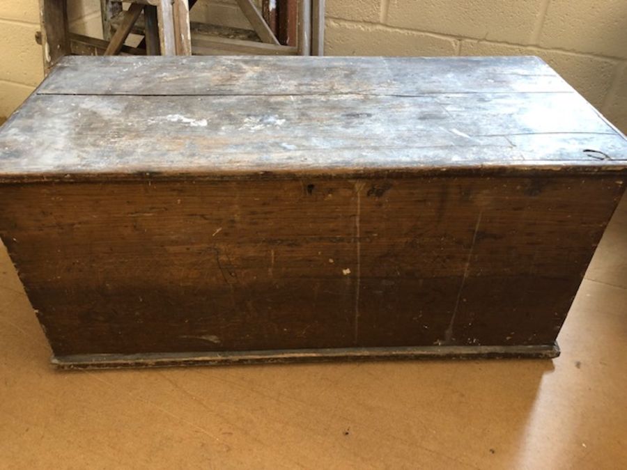 Pine stained vintage chest, interior lined with newspaper dated 1870, approx 106cm x 48cm x 50cm