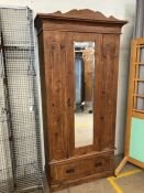 Antique wardrobe, Continental single pine wardrobe with mirrored door removable pelmet, and draw