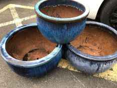 Three large blue glazed circular garden pots