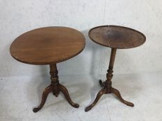 Two wine tables on turned pedestal turned bases A/F