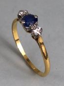 18ct Gold three stone Diamond and Sapphire ring size 'S'