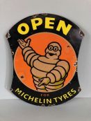Enamel sign 'OPEN FOR MICHELIN TYRES', approx 35cm in height