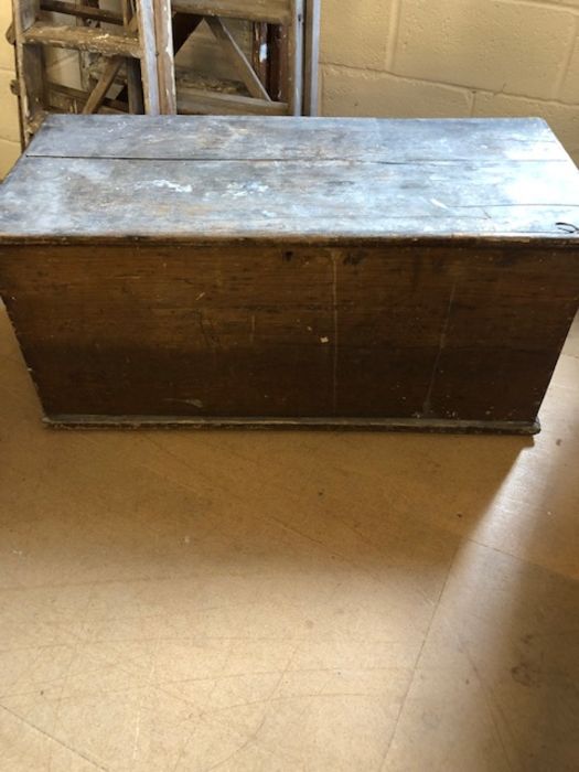 Pine stained vintage chest, interior lined with newspaper dated 1870, approx 106cm x 48cm x 50cm - Image 2 of 7