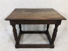Oak plank topped refectory-style table on turned legs, approx 93cm x 62cm x 72cm