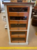 Decorator /shop interest, stand alone milliners or drapers style chest of draws, run of 5 teak glass