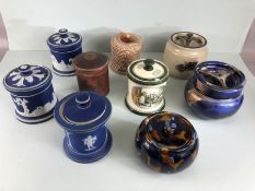 Tobacco Jars, a collection of 9 assorted 19th and 20th century pottery tobacco Jars . A/F