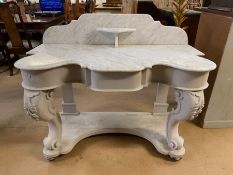 Antique furniture, 19th century marble top side table, with scrolling legs and bun feet, modern