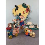 Vintage Toys, Two Mid 20th century pull a longs, Queen Buzzy Bee and Pinky Pig along with 3