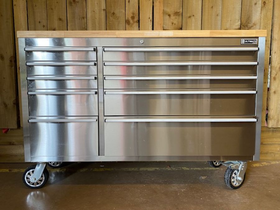 Large quality stainless steel storage unit for workshop or industrial style kitchen with wooden