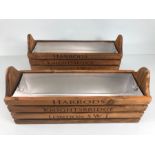 Window sill planters, 2 wooden planters with metal liners marked Harrods Knightsbridge, coat of arms