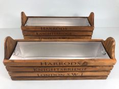 Window sill planters, 2 wooden planters with metal liners marked Harrods Knightsbridge, coat of arms