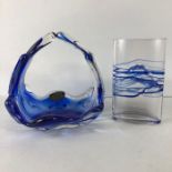 Art Glass, Austrian Lux Glass basket dish in blue and clear glass formed as two waves meeting at the