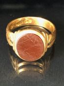 15ct Gold double banded ring set with a deep red carnelian (surface scratches) approx size 'O' &